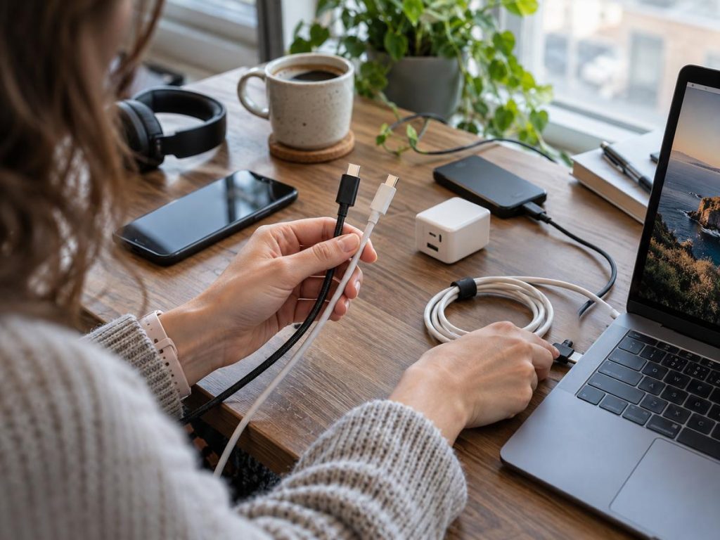 Разные USB-C кабели, ноутбук и зарядка на домашнем рабочем столе
