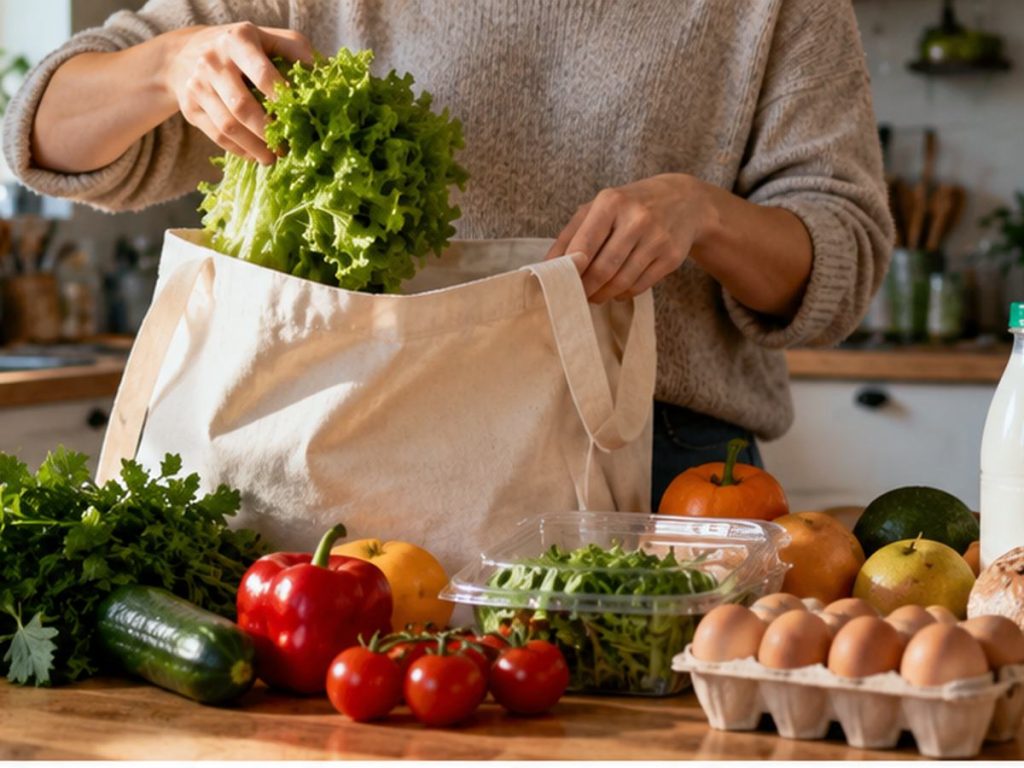 Распаковка свежих продуктов на домашней кухне