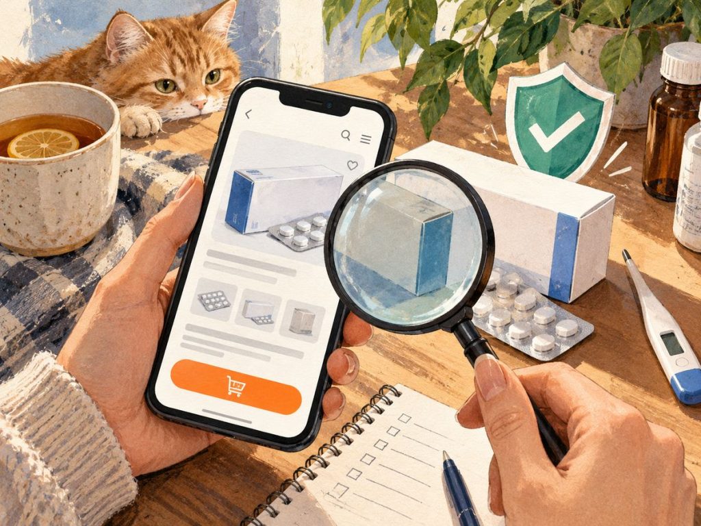 Иллюстрация проверки интернет-аптеки перед заказом лекарства