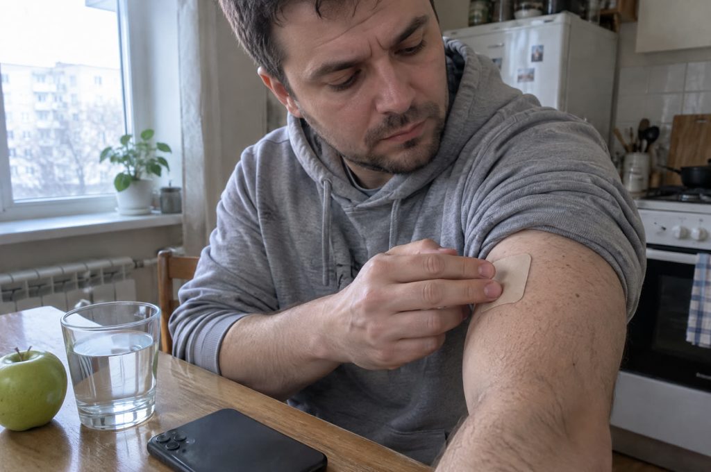 Мужчина наклеивает никотиновый пластырь на плечо на кухне