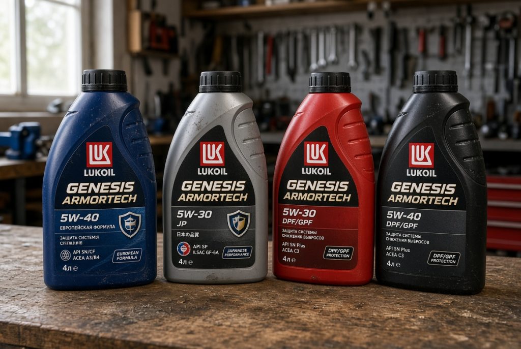 Несколько канистр LUKOIL GENESIS ARMORTECH разных серий на верстаке