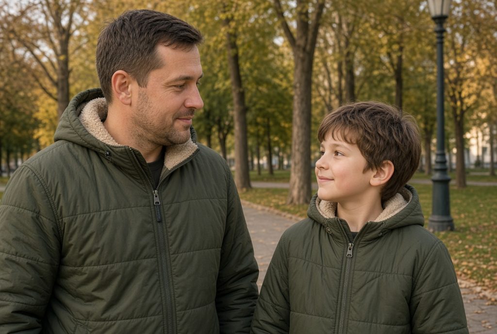 Отец и сын в похожих куртках Family Look в осеннем парке