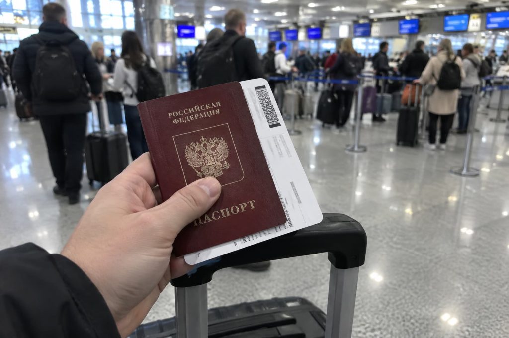 Рука с паспортом и посадочным талоном на чемодане в аэропорту