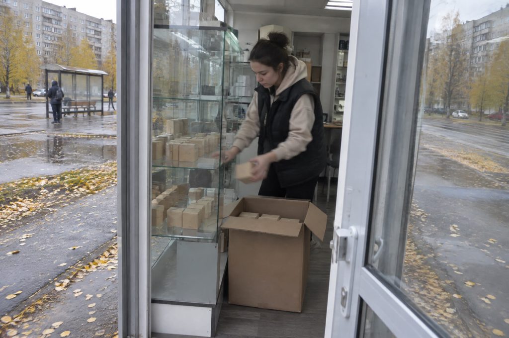 Продавщица убирает коробки с витрины небольшого павильона у остановки