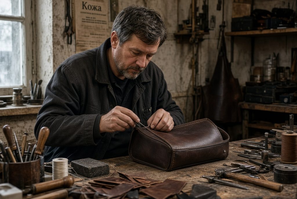 Мастер в мастерской шьёт кожаную сумку